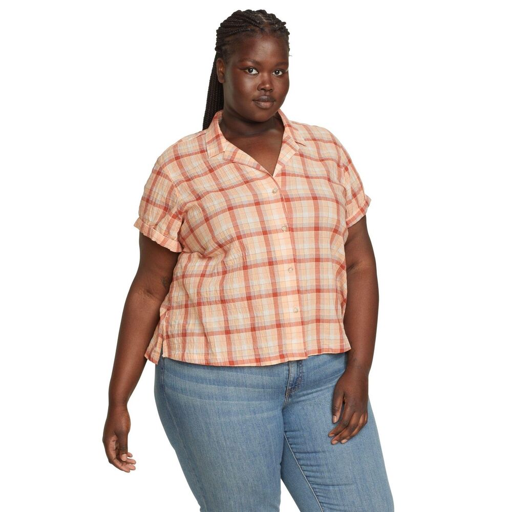 Eddie Bauer Women's Short Sleeve Packable Camp Shirt Apricot Plaid Medium NWT